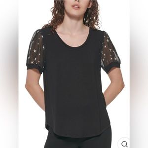 DKNY - Black Top w/Star Design Sheer Short Sleeves